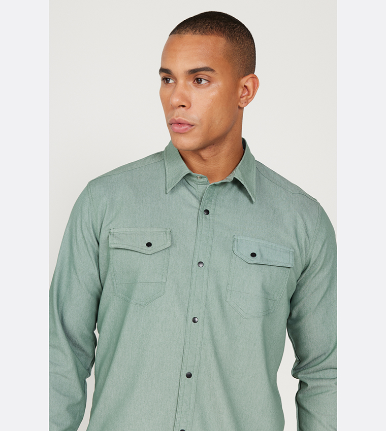 Buy ALTINYILDIZ CLASSICS Slim Fit Classic Collar Cotton Shirt In Green ...