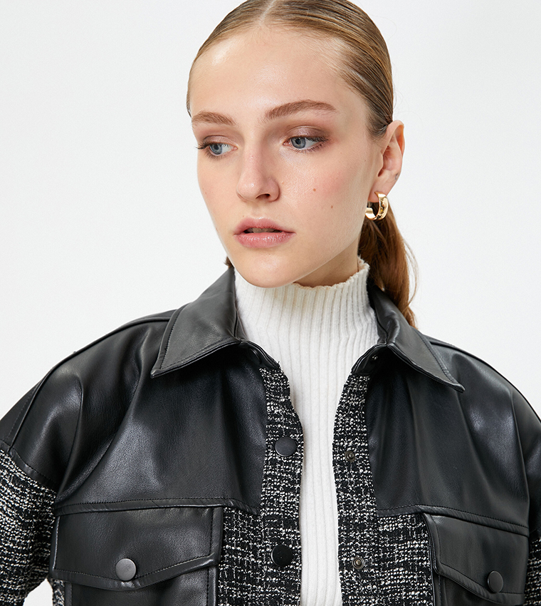 Faux Leather Patch Oversized Tweed Jacket