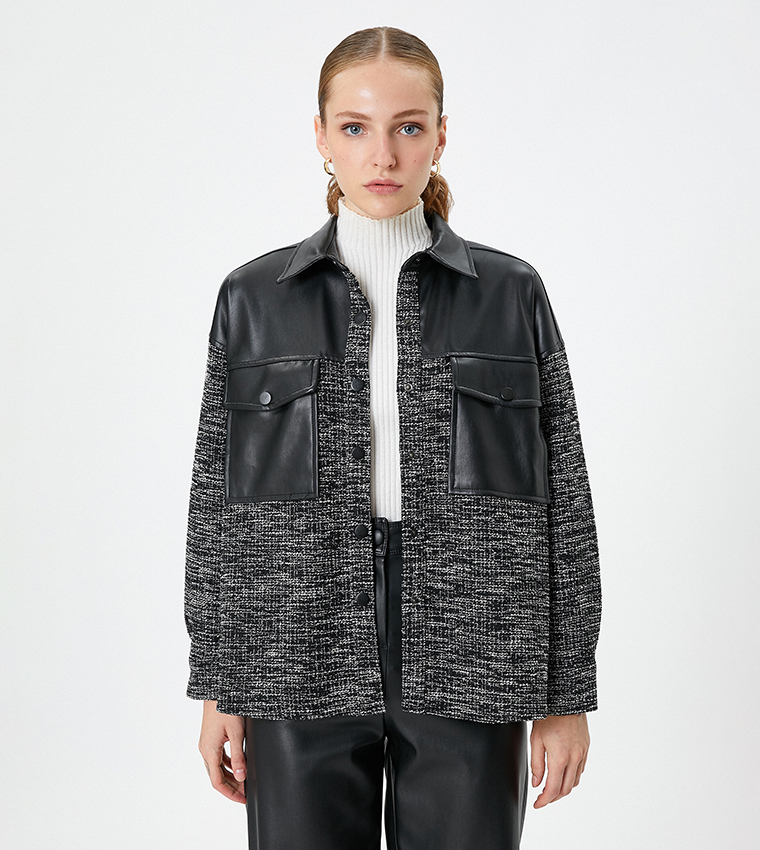 Faux Leather Patch Oversized Tweed Jacket
