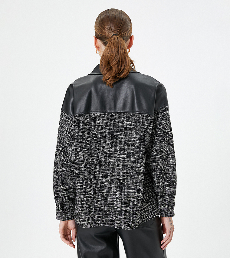 Faux Leather Patch Oversized Tweed Jacket