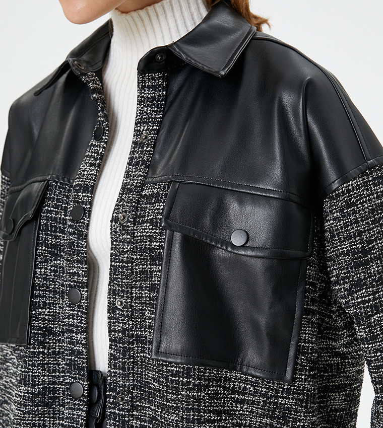 Faux Leather Patch Oversized Tweed Jacket