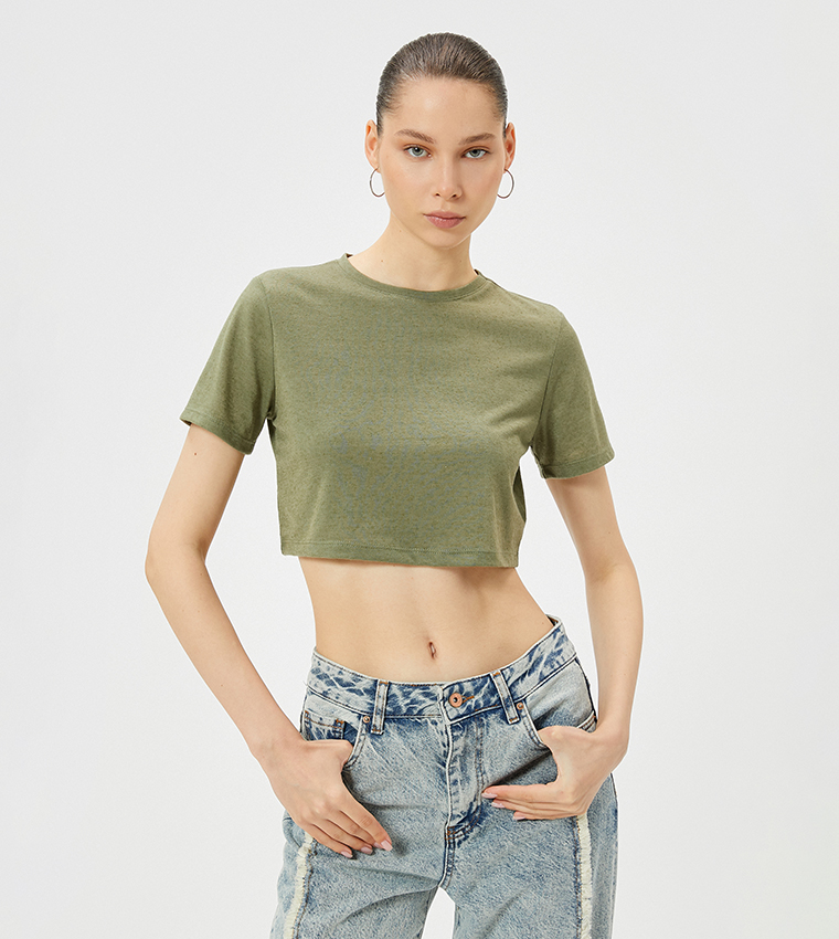 Solid Crew Neck Crop T-Shirt