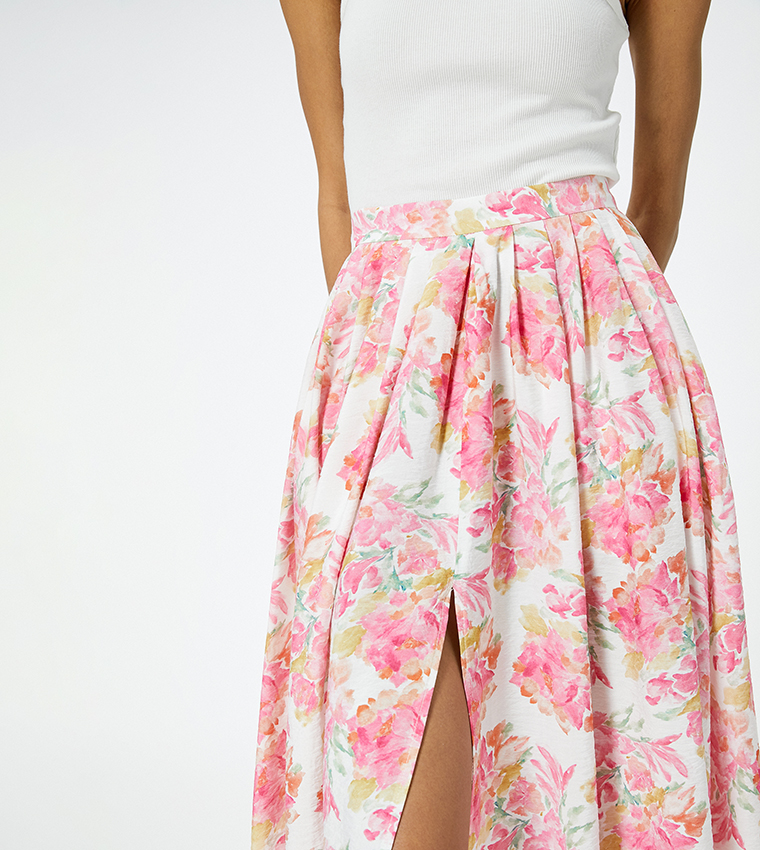 Buy Koton Floral Print Midi Skirt With Slit In Pink