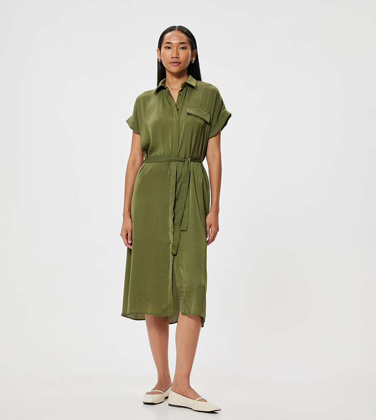 Belted Short Sleeves Midi Shirt Dress