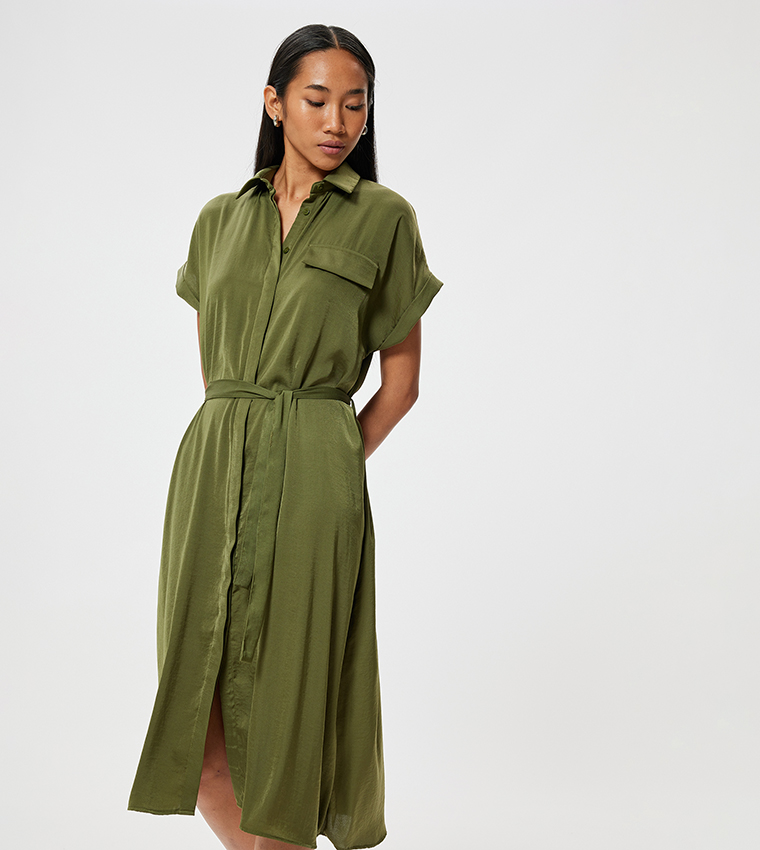 Belted Short Sleeves Midi Shirt Dress
