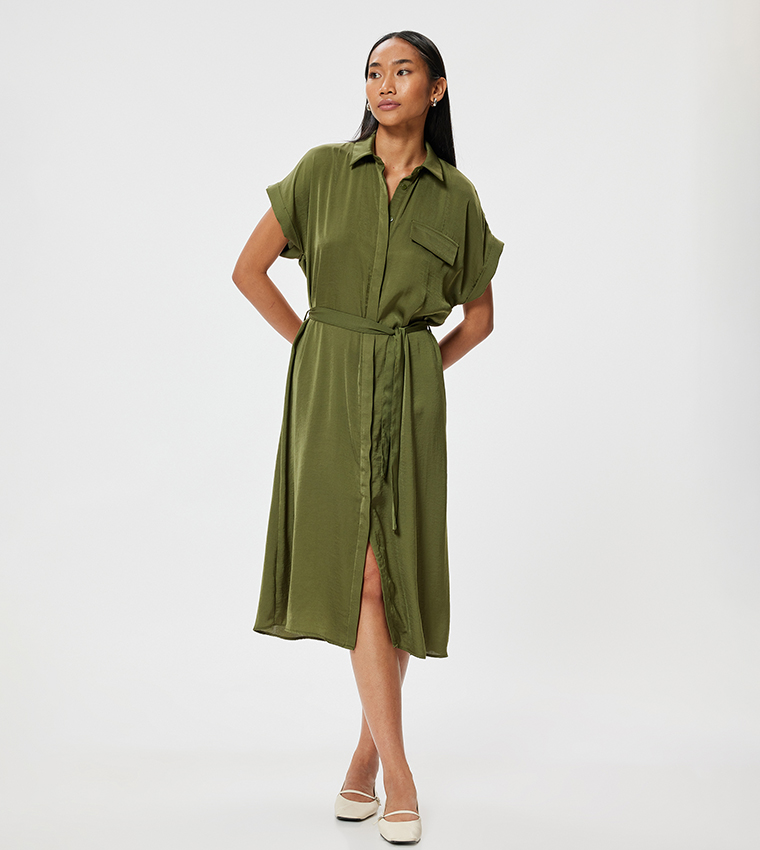 Belted Short Sleeves Midi Shirt Dress