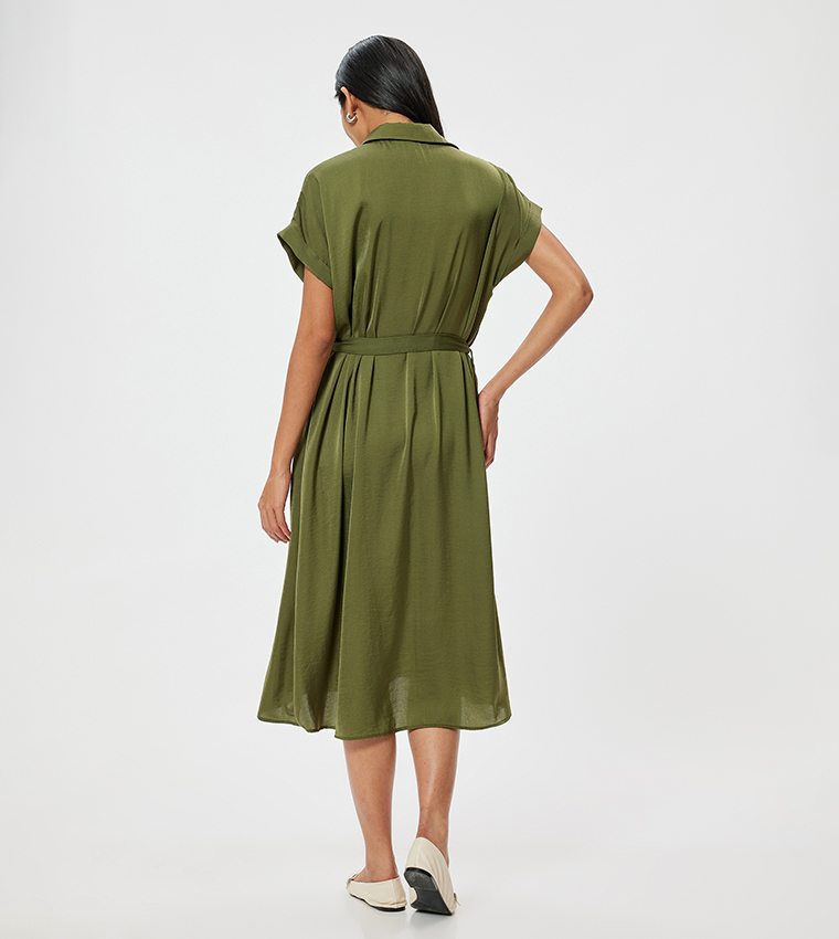 Belted Short Sleeves Midi Shirt Dress