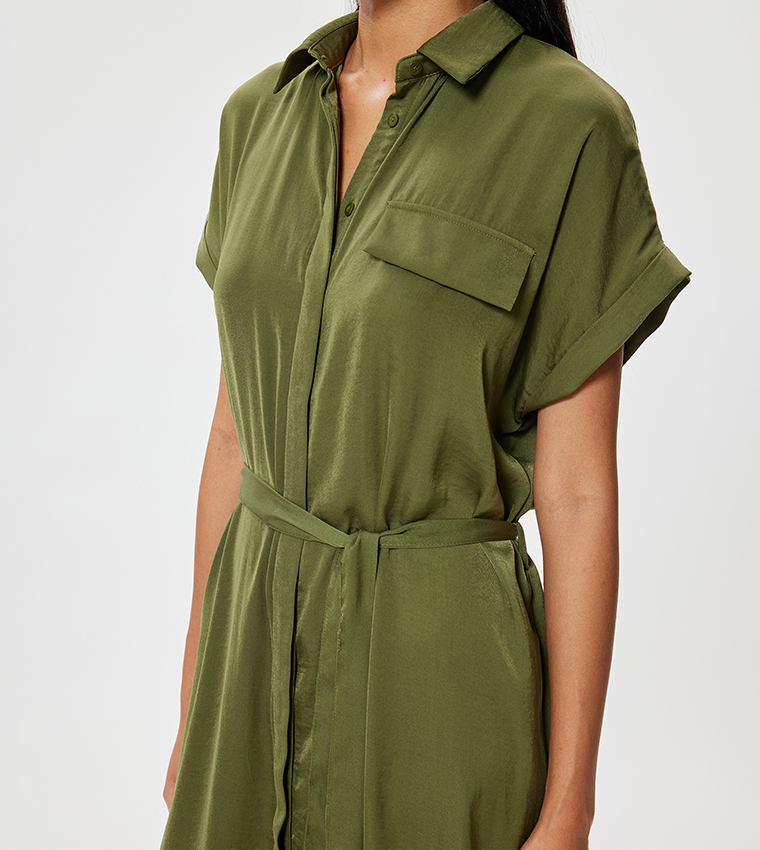Belted Short Sleeves Midi Shirt Dress