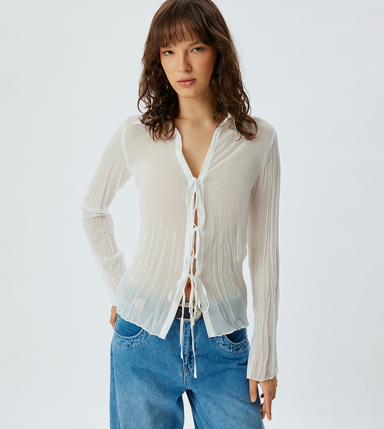 Tie Front Long Sleeves Sheer Shirt