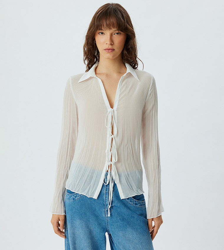 Tie Front Long Sleeves Sheer Shirt