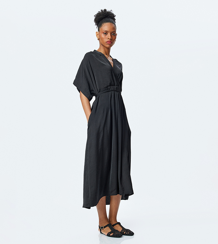 Short Sleeves Satin Midi Dress