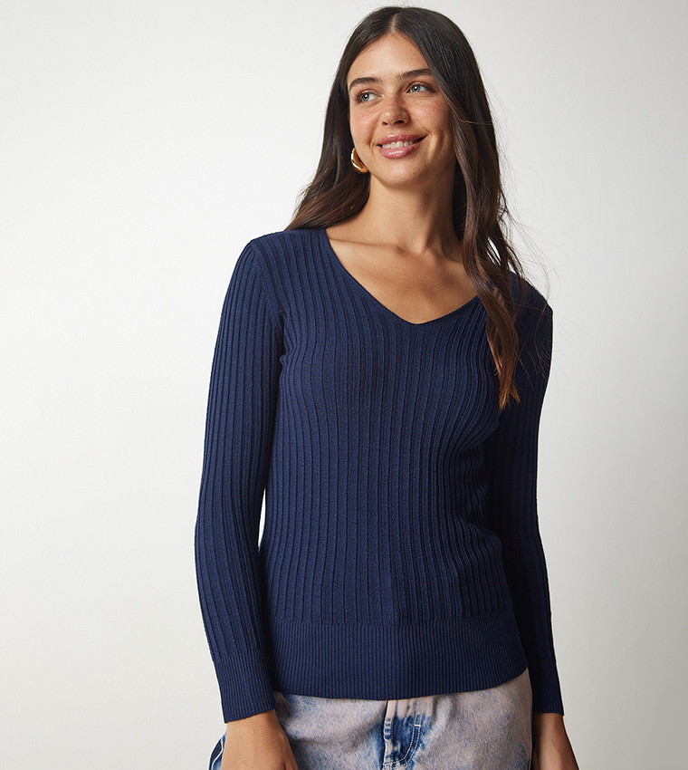 RIBBED V-NECK TOP in Navy