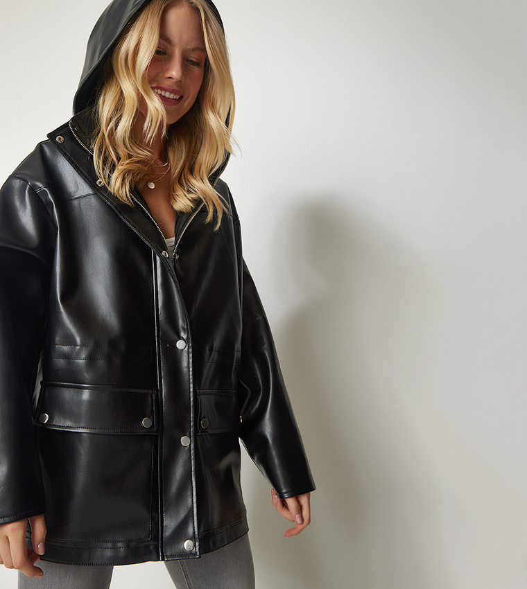 Hooded Faux Leather Jacket