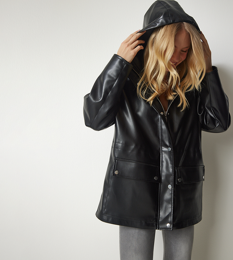 Hooded Faux Leather Jacket