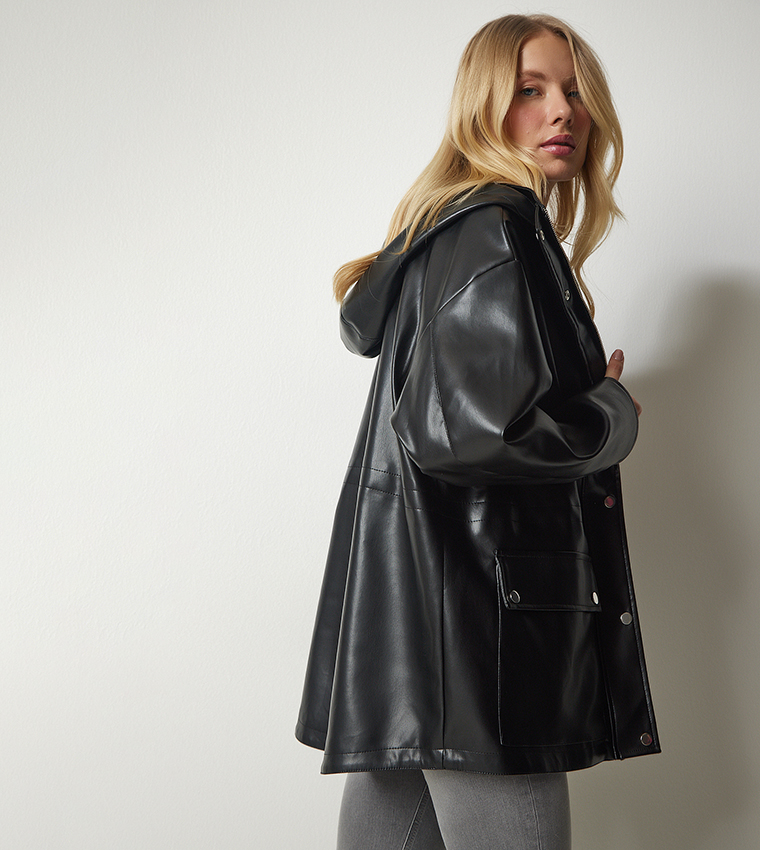 Hooded Faux Leather Jacket