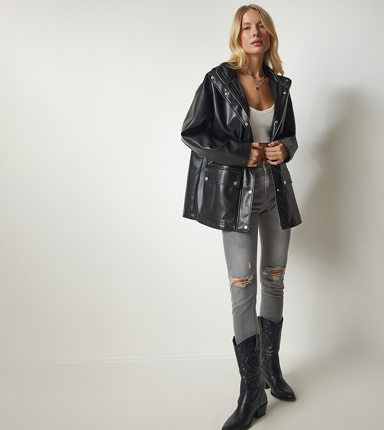 Hooded Faux Leather Jacket