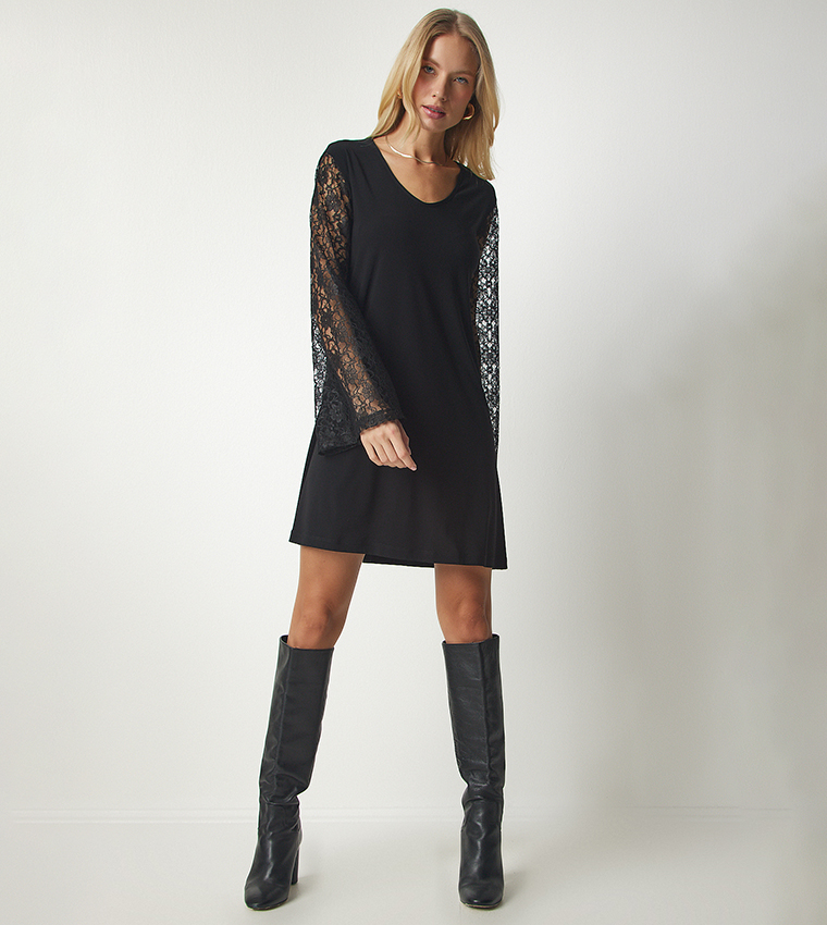 Buy Happiness İstanbul Lace Spanish Sleeves Mini Dress In Black