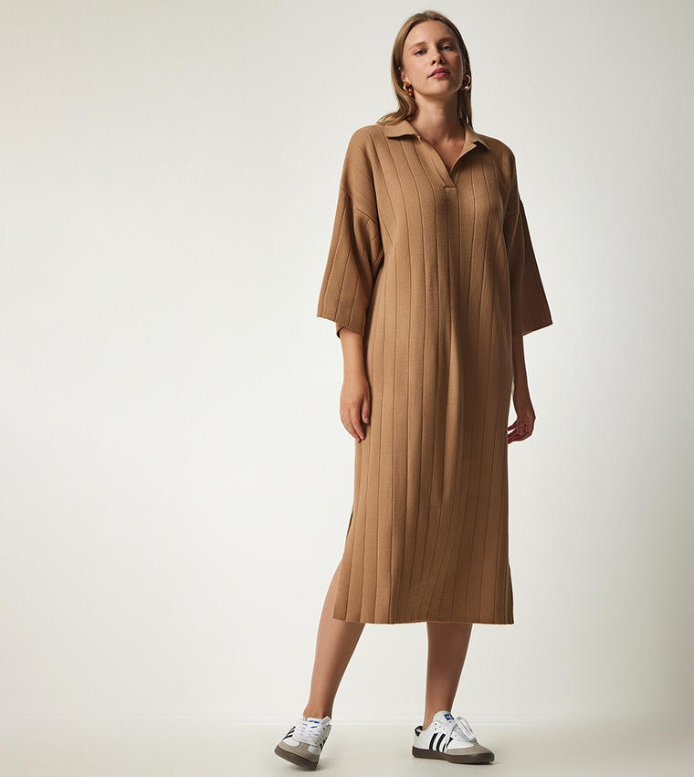 Ribbed Collared Midi Dress