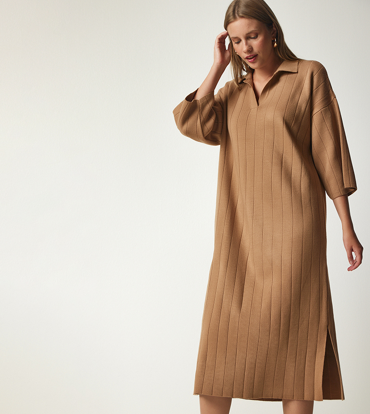 Ribbed Collared Midi Dress