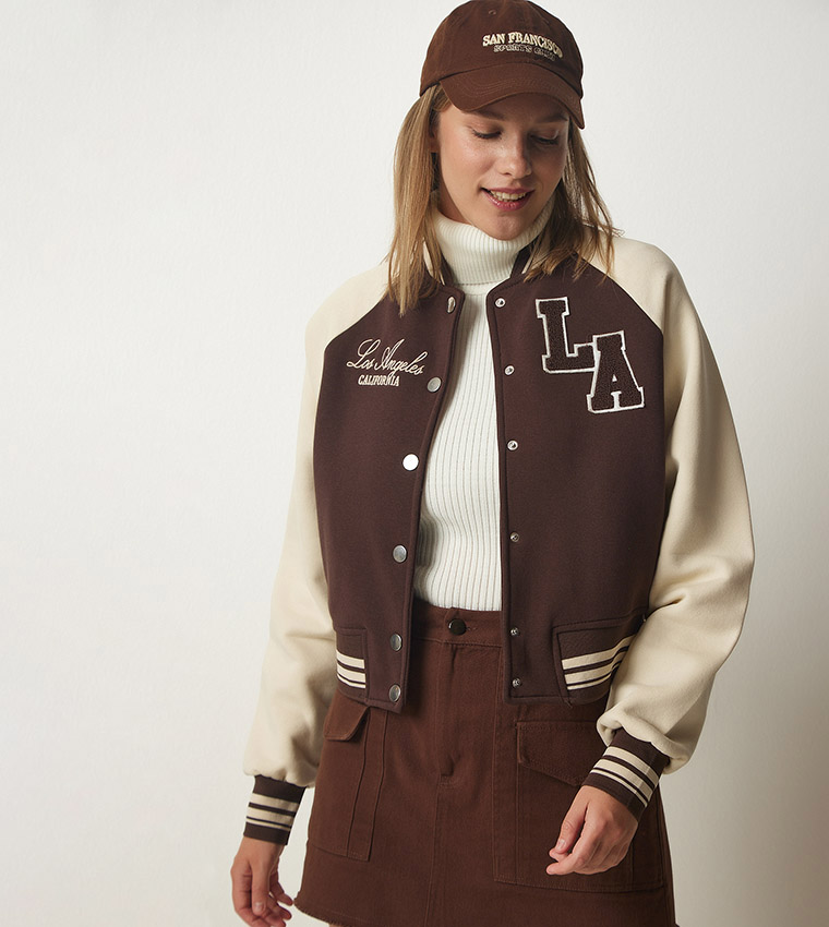 Buy Happiness İstanbul Applique Detail Varsity Jacket In Brown 6thStreet Kuwait