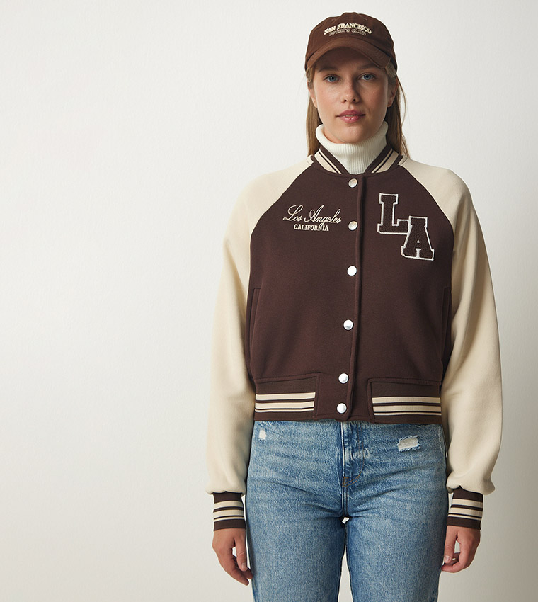 Buy Happiness İstanbul Applique Detail Varsity Jacket In Brown 6thStreet Kuwait