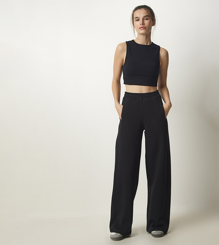 Solid Elastic Waist Wide Leg Pants