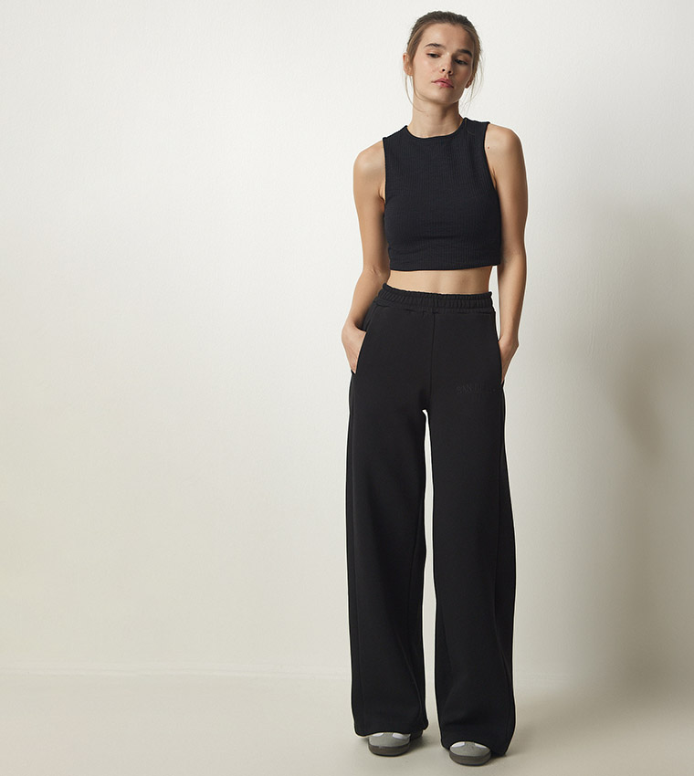 Solid Elastic Waist Wide Leg Pants
