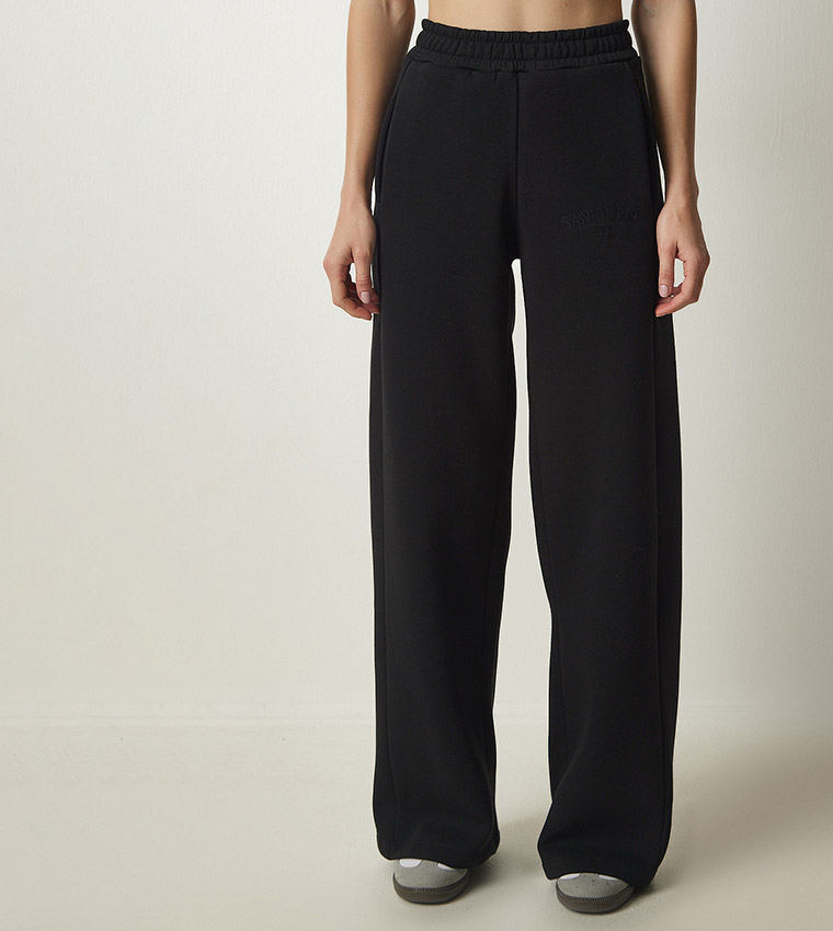 Solid Elastic Waist Wide Leg Pants