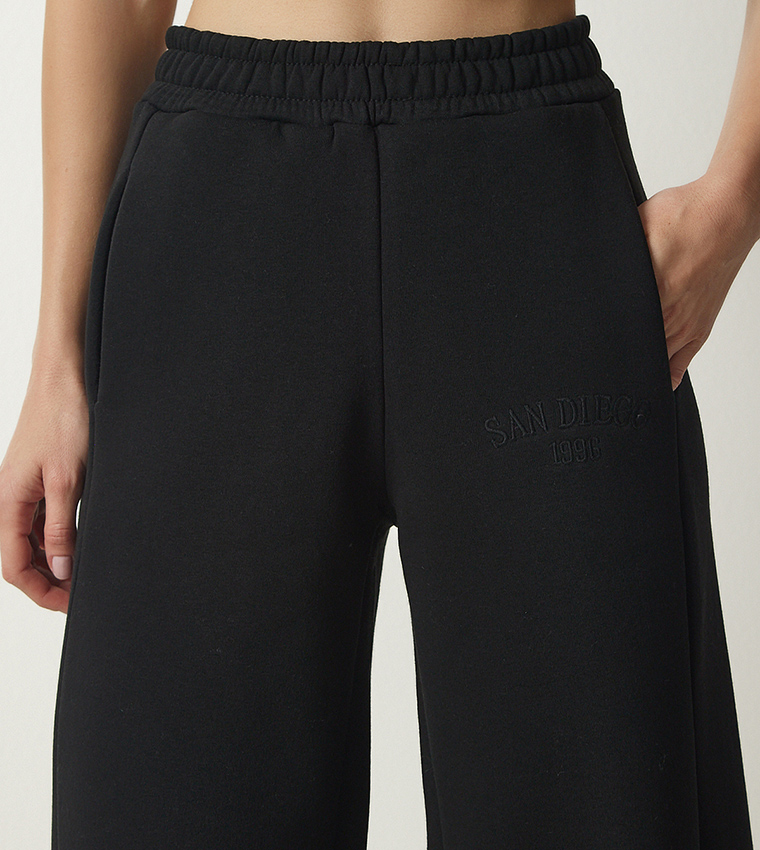 Solid Elastic Waist Wide Leg Pants