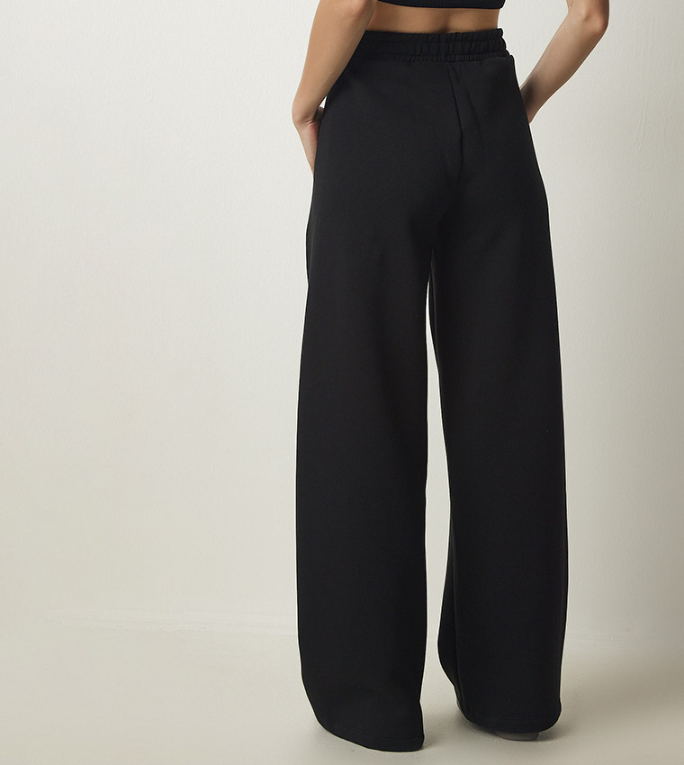 Solid Elastic Waist Wide Leg Pants