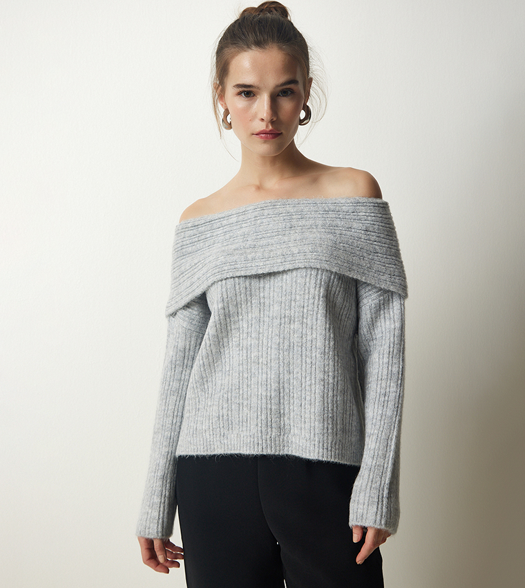 Buy Happiness stanbul Textured Off Shoulder Sweater In Grey