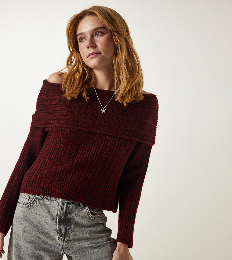 Buy Happiness stanbul Ribbed Off Shoulder Sweater In Burgundy ...