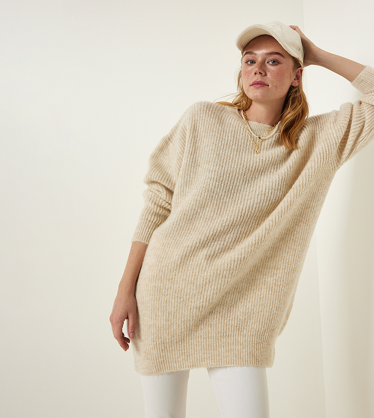 Buy Happiness stanbul Long Sleeves Oversized Tunic Sweater In Beige 6thStreet Oman