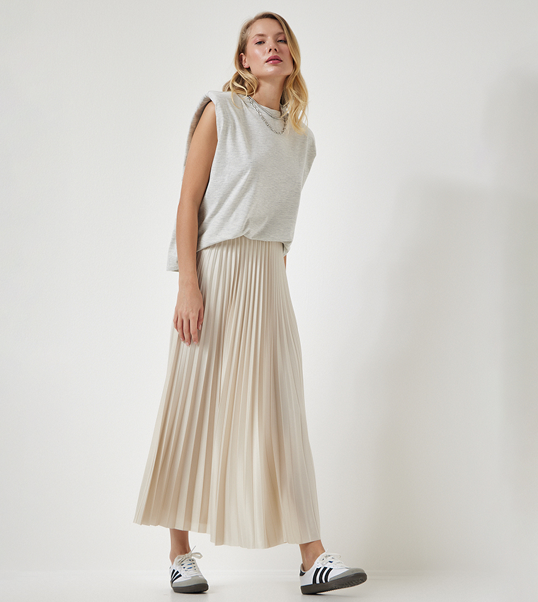Elastic Waist Pleated Maxi Skirt