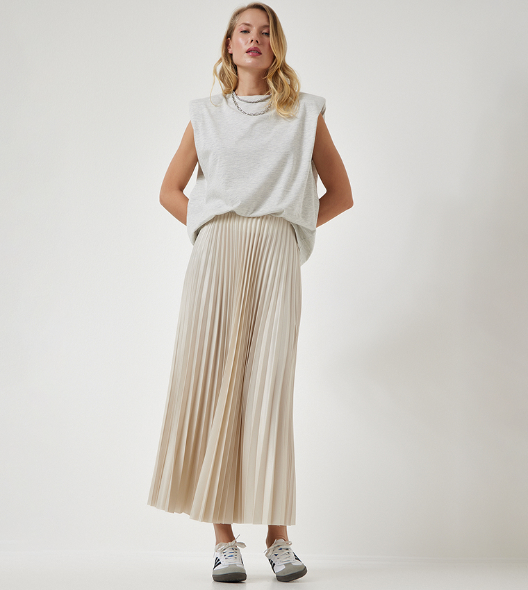 Elastic Waist Pleated Maxi Skirt