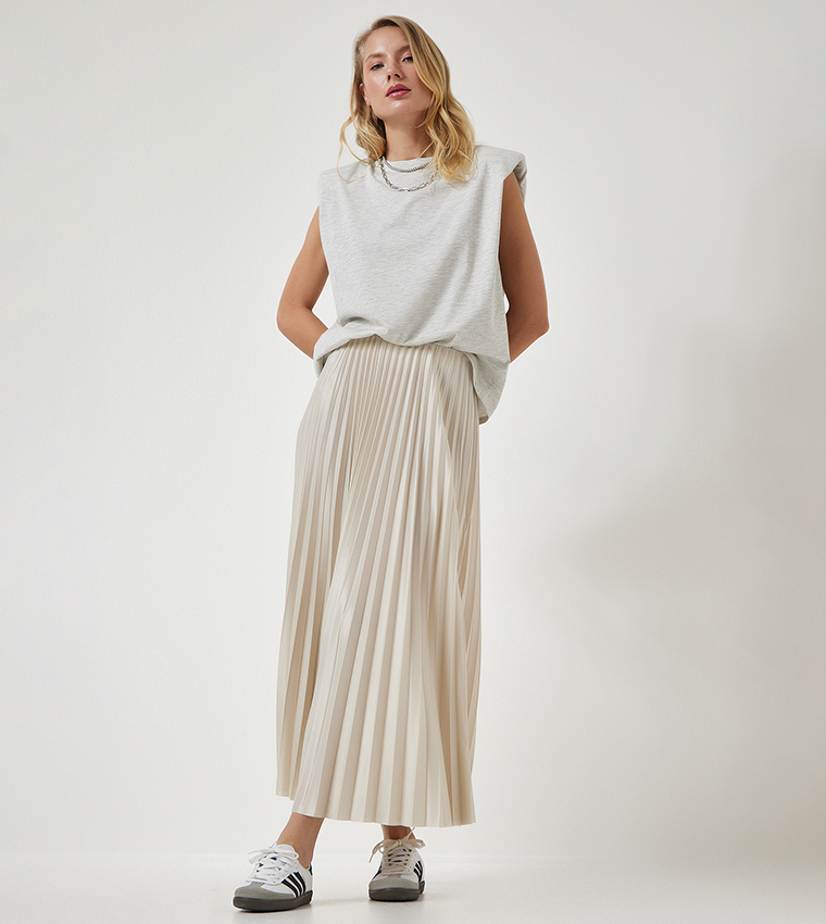 Elastic Waist Pleated Maxi Skirt
