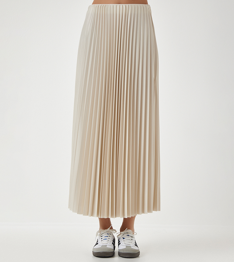 Elastic Waist Pleated Maxi Skirt