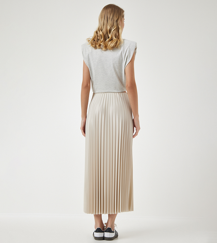 Elastic Waist Pleated Maxi Skirt