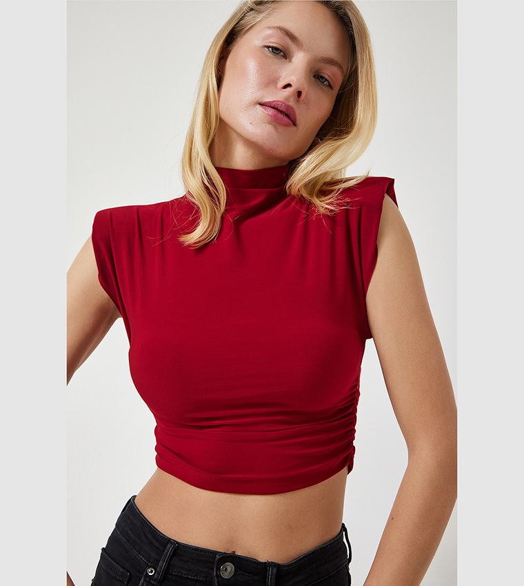 Buy Happiness İstanbul Solid Ruched High Neck Top In Red