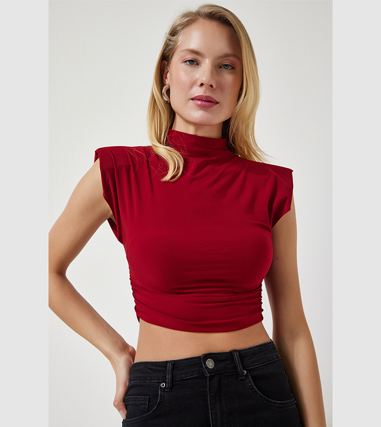 Buy Happiness İstanbul Solid Ruched High Neck Top In Red