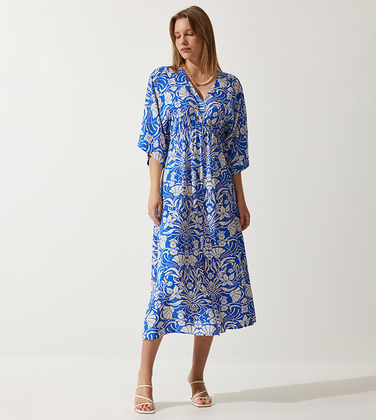 Floral Print 3/4 Sleeves Slit Dress