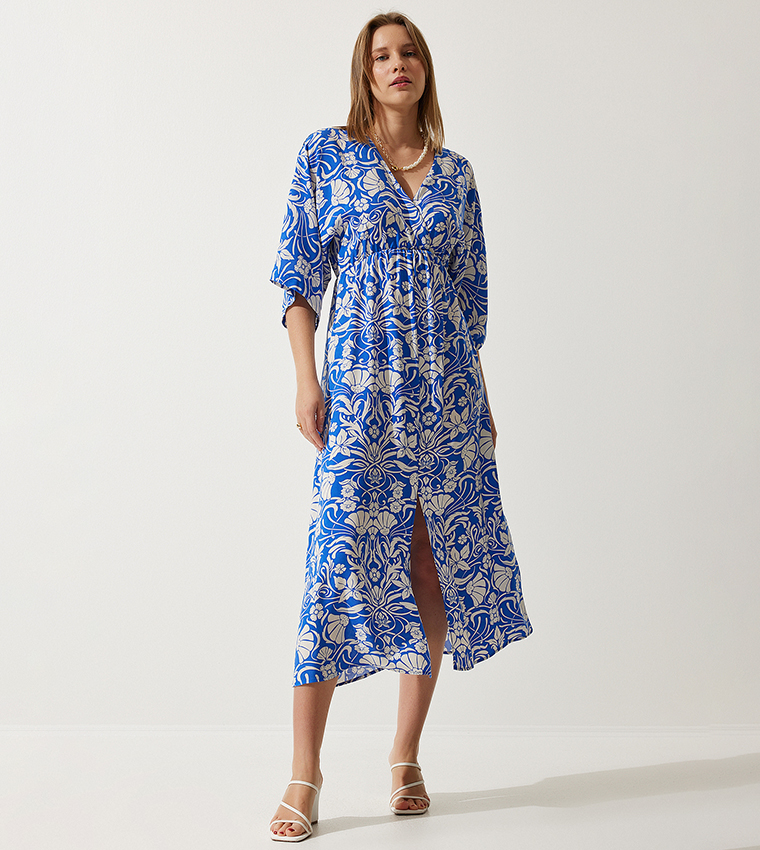 Floral Print 3/4 Sleeves Slit Dress