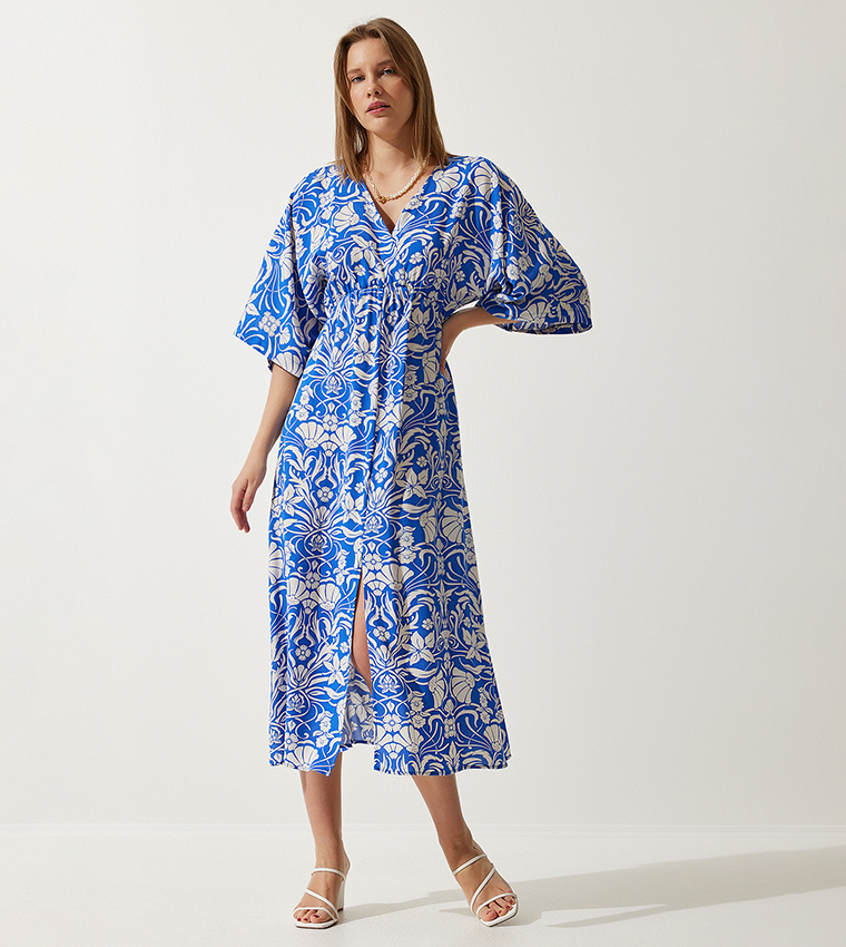Floral Print 3/4 Sleeves Slit Dress
