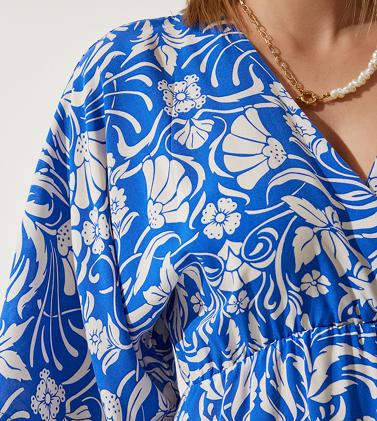 Floral Print 3/4 Sleeves Slit Dress