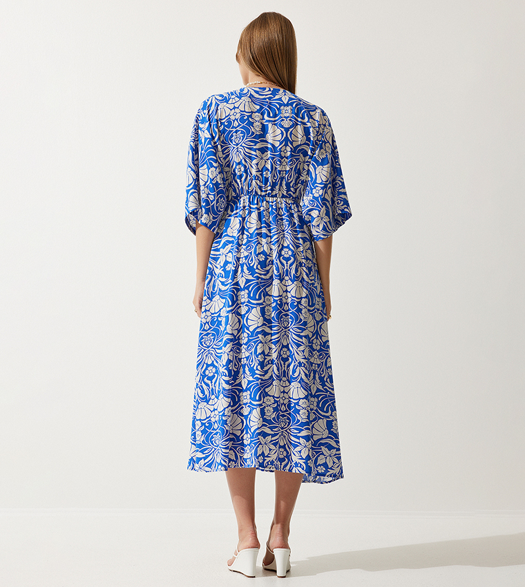 Floral Print 3/4 Sleeves Slit Dress