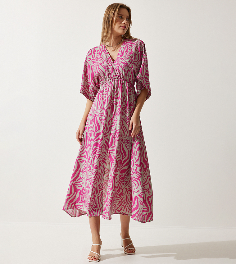 Floral Print 3/4 Sleeves Slit Dress