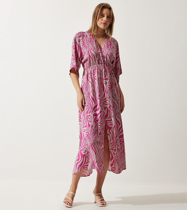 Floral Print 3/4 Sleeves Slit Dress
