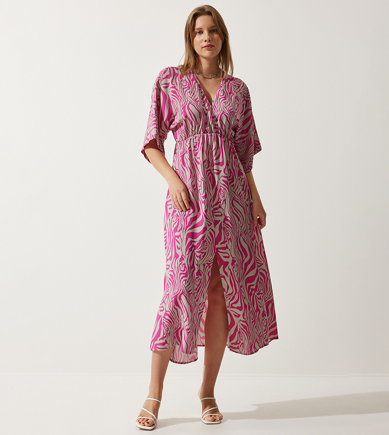 Floral Print 3/4 Sleeves Slit Dress