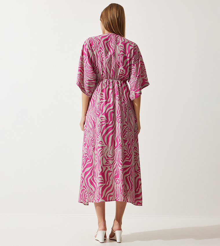 Floral Print 3/4 Sleeves Slit Dress