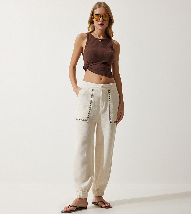 Embroidered Mid Rise Jogger Pants